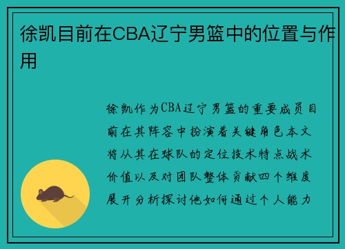 徐凯目前在CBA辽宁男篮中的位置与作用
